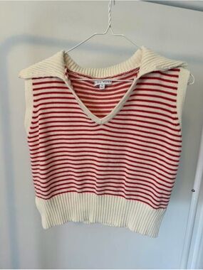 Striped Knit Sleeveless Sweater Vest in Red and Cream